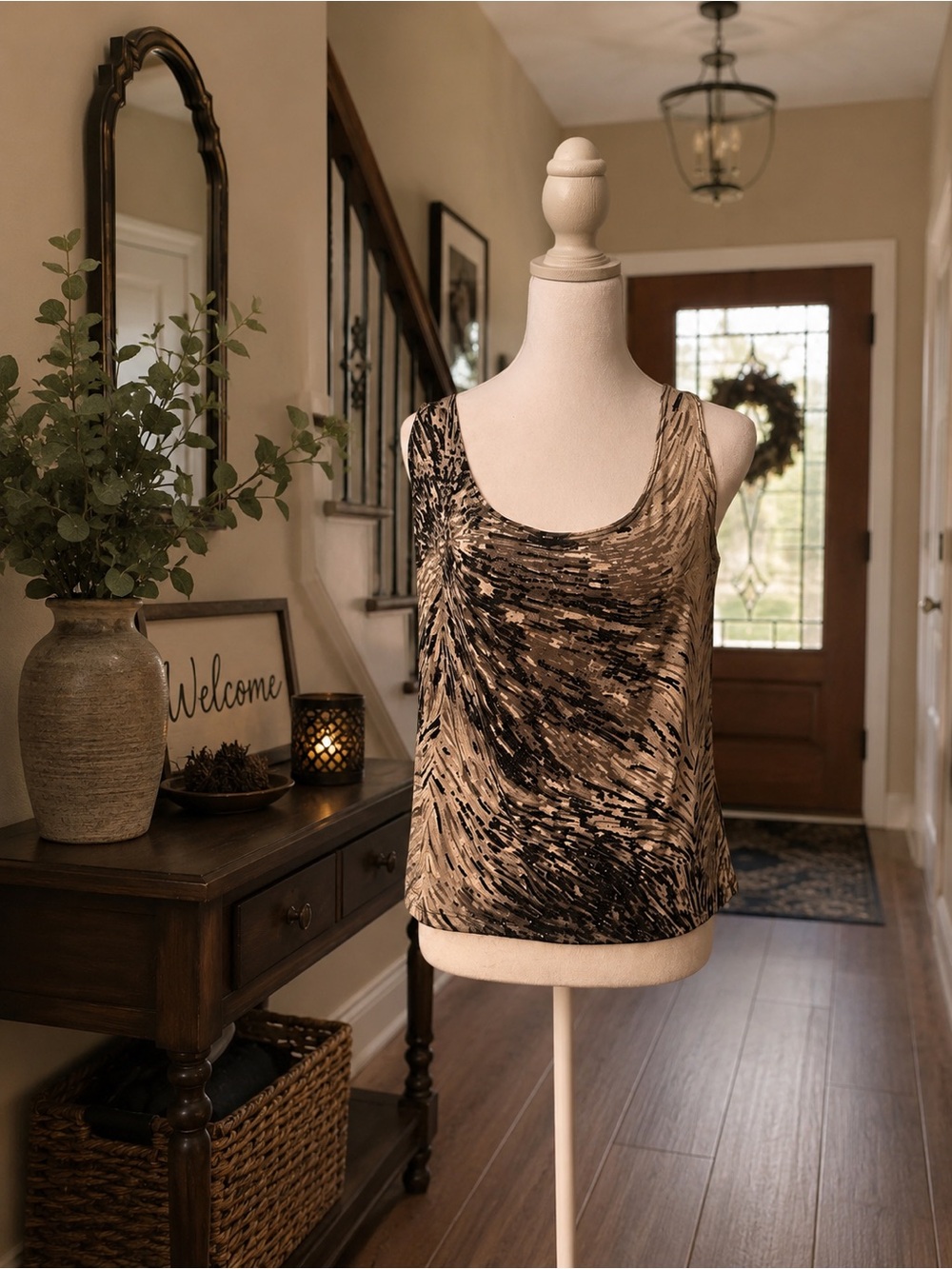 Onyx Nite Metallic Beige and Black Abstract Sparkle Top